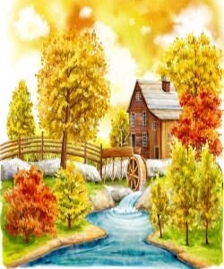 мельница, деревья, река, иллюстрация
